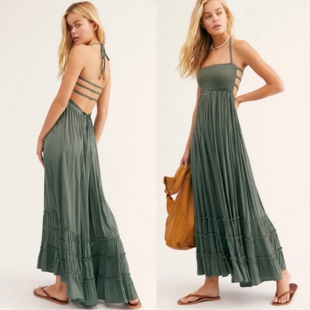 Free People Extratropical Smocked Halter Strappy Boho Maxi Dress Size Small